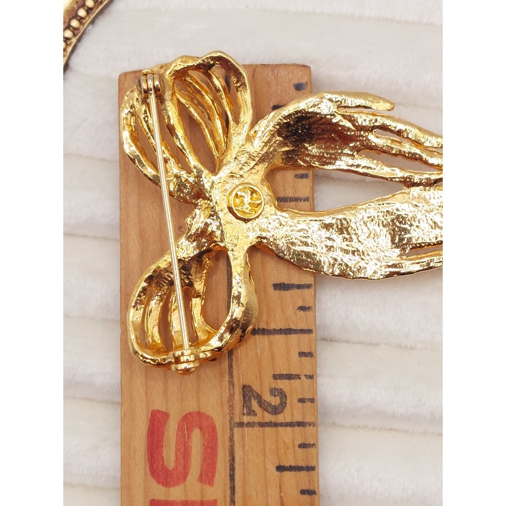 Vintage Brooch Signed Angel Gold Textured Ribbon Bow Pin Coquette Romantic 1980s - Picture 10 of 11